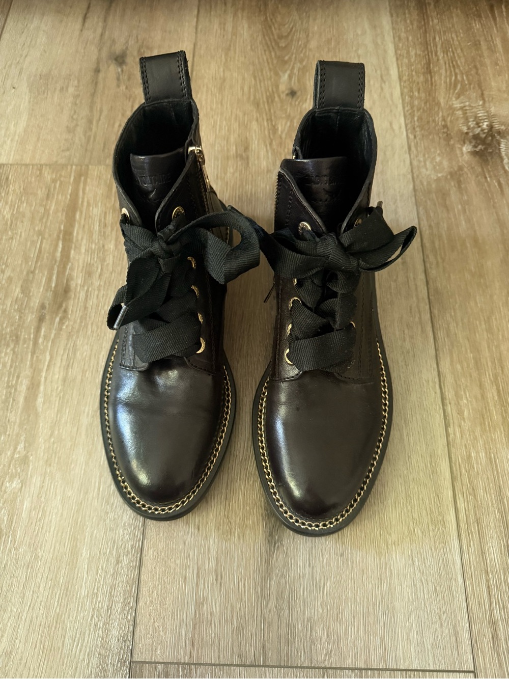 Zadig & Voltaire Balck Leather Lace-Up Ankle Boots with Gold Trim